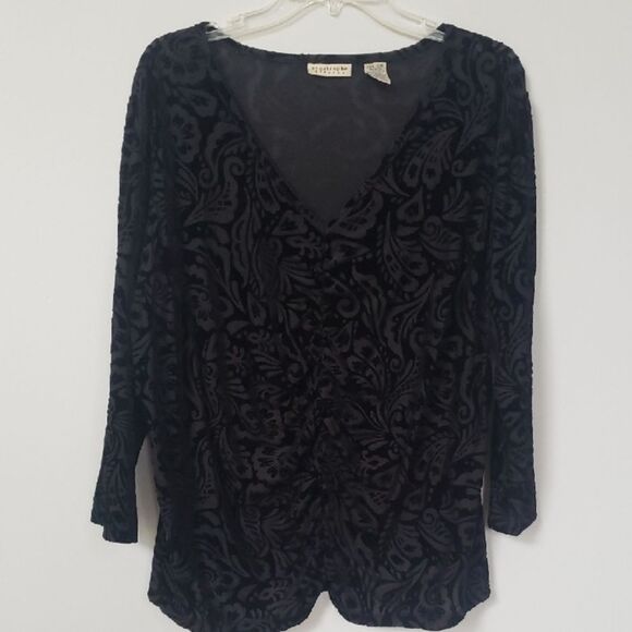 Velvet Burnout Top Womens 20W-22W Black Paisley Ruched Center V Neck Whimsigoth - Picture 1 of 7